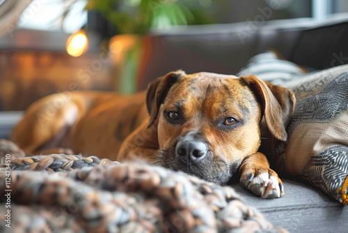 Sad dog resting on a modern sofa surrounded by cozy decor and a blanket in a bright room photo