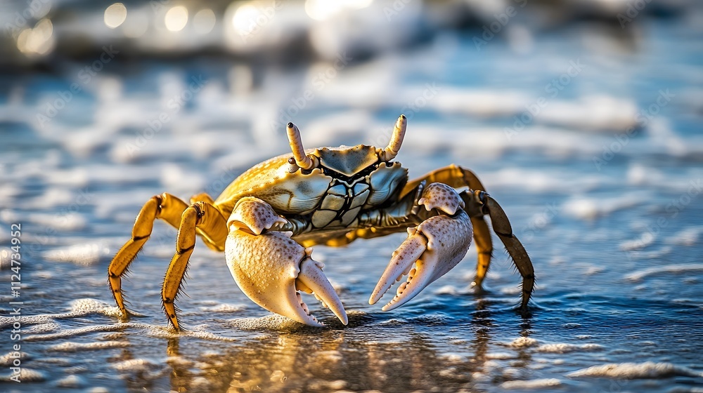 A close-up of a crab on the beach, showcasing its claws and natural habitat. A close-up of a crab on the beach, showcasing its claws and natural habitat.