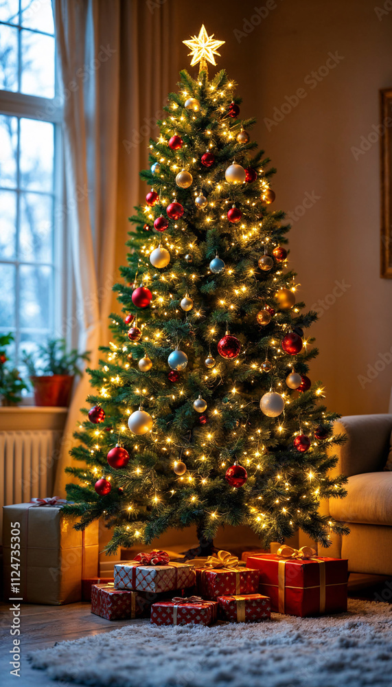 Warm and cozy holiday setting featuring a beautifully decorated Christmas tree adorned with lights and ornaments, set against a softly lit room with presents underneath