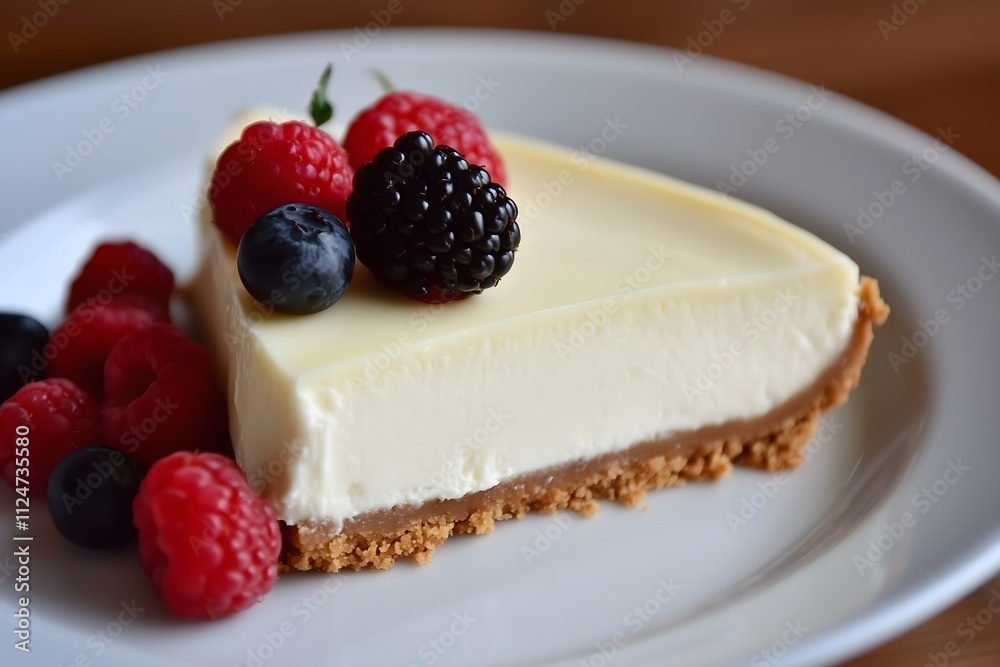 Close-up of a single, perfectly sliced piece of creamy cheesecake with a golden graham cracker crust, topped with fresh berries on a white plate Close-up of a single, perfectly sliced piece of creamy cheesecake with a golden graham cracker crust, topped with fresh berries on a white plate