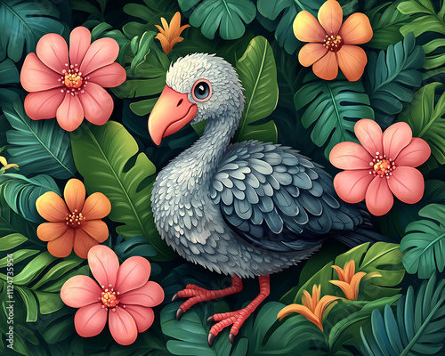 A Curious Dodo Bird Amidst Lush Tropical Foliage and Vibrant Flowers A Digital Illustration photo