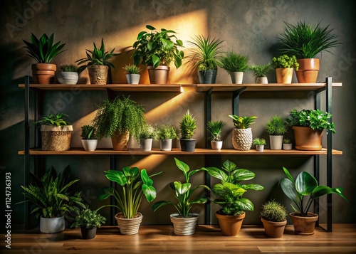 A Serene Collection of Vibrant Green Houseplants on Shelves Against a Subtle Wall in Low Light, Highlighting Textures and Colors of Nature for Indoor Decor Inspiration