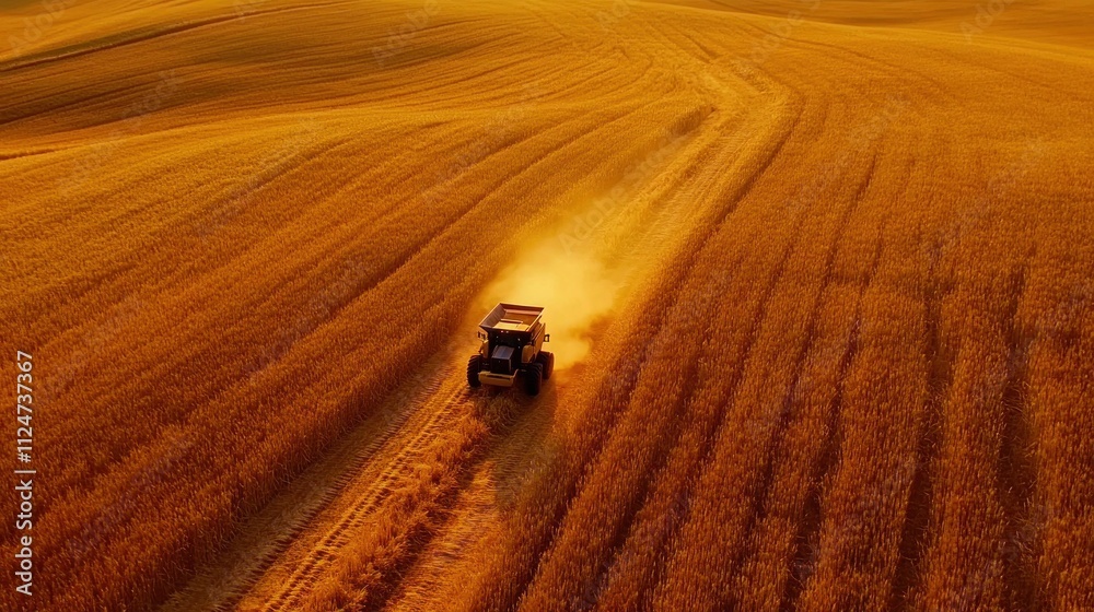 Golden Harvest: Aerial View of a Combine Harvester in a Wheat Field at Sunset Golden Harvest: Aerial View of a Combine Harvester in a Wheat Field at Sunset