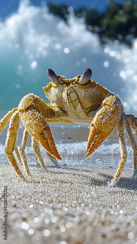 A close-up of a crab on the beach, with waves in the background. A close-up of a crab on the beach, with waves in the background.
