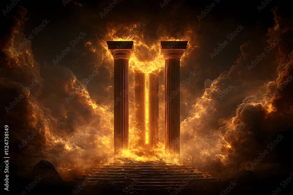 Fototapeta premium Fiery Pillars of Heaven: A Digital Artwork Depicting Two Golden Pillars Enveloped in Flames Amidst a Dramatic Cloudscape