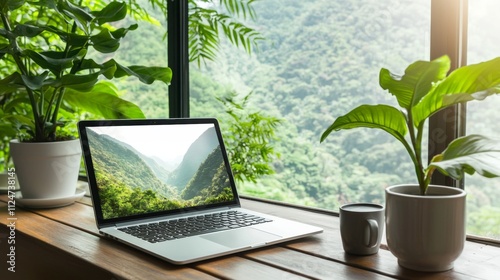 Working from home with naturea serene workspace view of lush mountains and clear skies photo