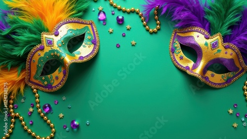 Vibrant mardi gras masks on green background with beads and feathers photo