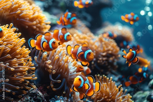 clownfish swimming around anemones in the ocean photo