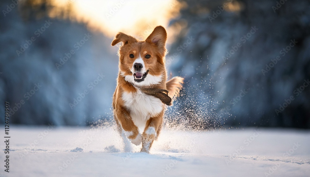 Generated image Portrait of a happy dog running in snow at winter Generated image Portrait of a happy dog running in snow at winter