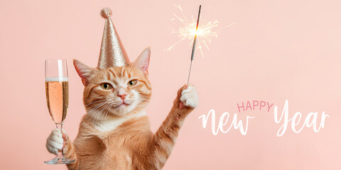Happy new Year, new year's eve, new year, silvester party, celebration, new year card, greeting card with text - Funny cat animal with sparkler and champagne glass, isolated on pink background