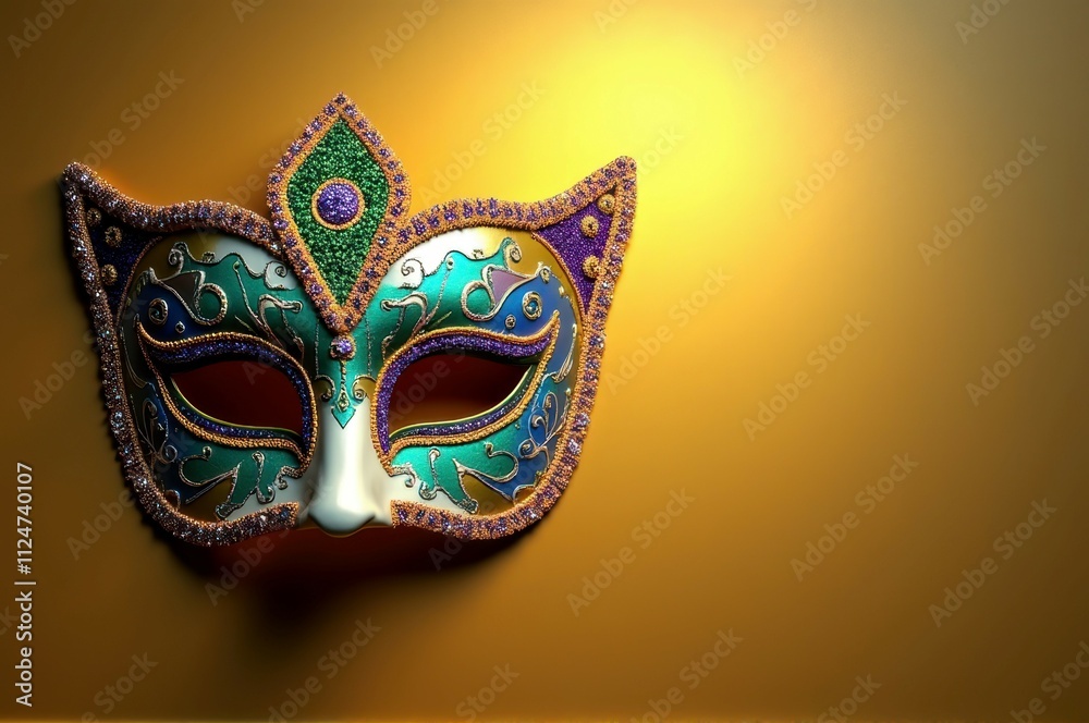 Colorful venetian mask with gemstone detailing on yellow background Colorful venetian mask with gemstone detailing on yellow background