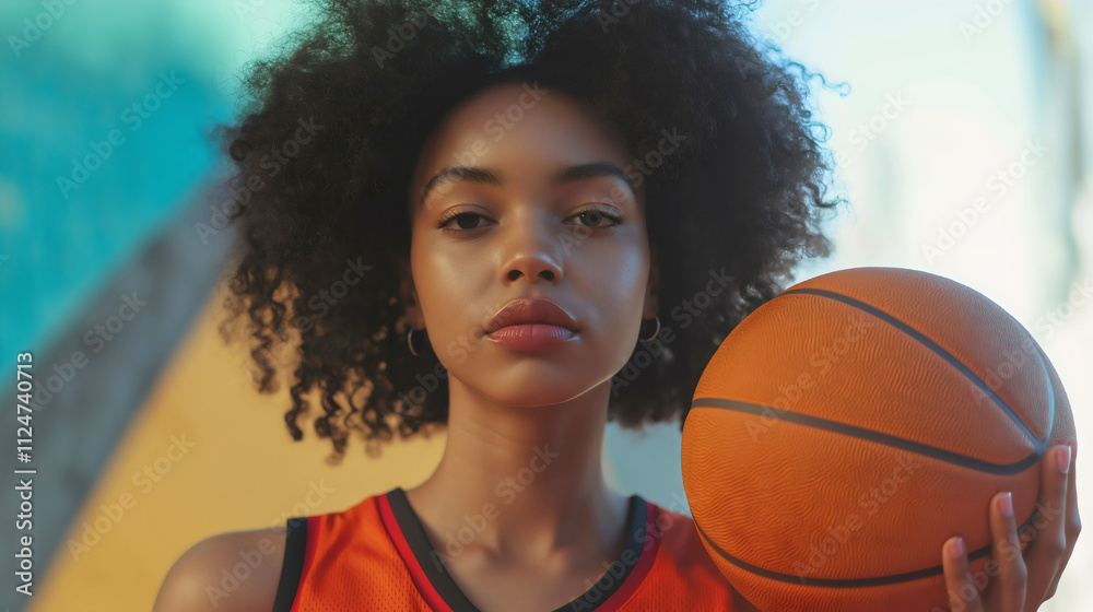 Smiling basketball player in action holding ball during game with orange basketball hoop in the background Smiling basketball player in action holding ball during game with orange basketball hoop in the background