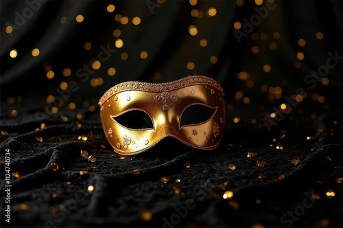 Elegant gold masquerade mask on black fabric with sparkling details photo