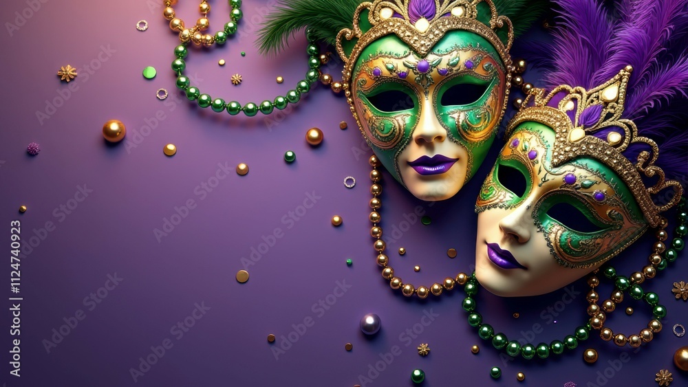 Colorful mardi gras masks with beads and feathers on purple background Colorful mardi gras masks with beads and feathers on purple background