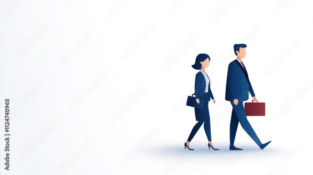 A professional couple in business attire walks side by side against a minimalist background, suggesting teamwork and workplace dynamics. A professional couple in business attire walks side by side against a minimalist background, suggesting teamwork and workplace dynamics.