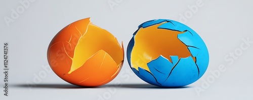 Bright orange and royal blue Easter egg cracked open with a white background for product focus photo