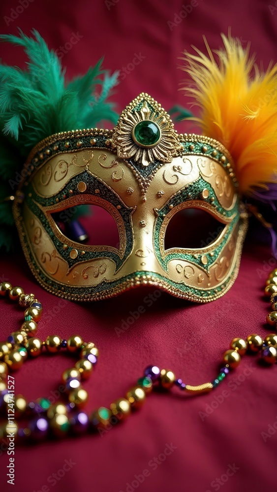 Ornate carnival mask with feathers and beaded necklace on red fabric Ornate carnival mask with feathers and beaded necklace on red fabric