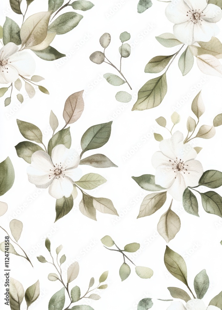 A delicate pattern featuring white flowers and green leaves, ideal for nature-inspired designs or floral decor elements. A delicate pattern featuring white flowers and green leaves, ideal for nature-inspired designs or floral decor elements.