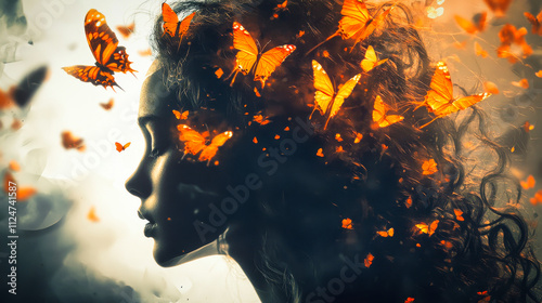 Surreal stylized portrait of a young woman with butterflies in her hair photo