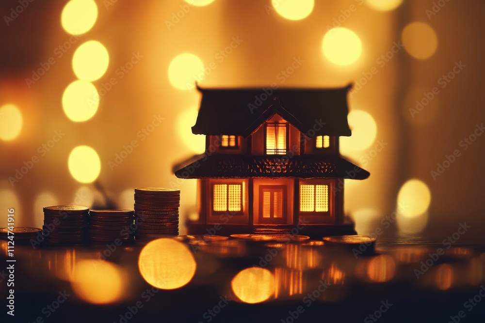 Miniature house on documents calculator beside house warm lighting Miniature house on documents calculator beside house warm lighting