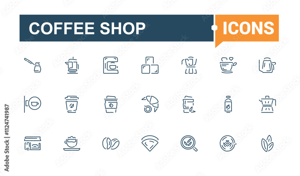 Fototapeta premium Coffee Shop line web icon set. Includes thin line restaurant, mug, croissant, break, mocha and more. Pixel perfect. Editable vector illustration.