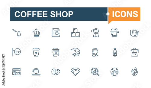 Coffee Shop line web icon set. Includes thin line restaurant, mug, croissant, break, mocha and more. Pixel perfect. Editable vector illustration.