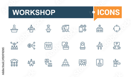 Workshop icons set in line style. Includes icons for discussion, audience, workshop, office, presentation, organisation, seminar and more. Simple icon designs. Editable stroke.