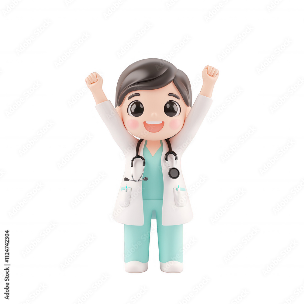 Cheerful cartoon doctor celebrating success with joyful expression and raised arms., isolated on a transparent background. Cheerful cartoon doctor celebrating success with joyful expression and raised arms., isolated on a transparent background.