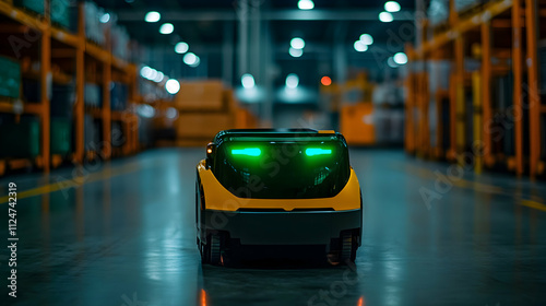 Autonomous mobile robot with glowing green lights navigates a spacious, modern warehouse, showcasing the integration of cutting edge technology in logistics and supply chain management