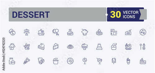 Dessert icons set in line style. Featuring sweets, vanilla, food, sweetly, dessert and more. Isolated icons design. Editable vector icon and illustration.