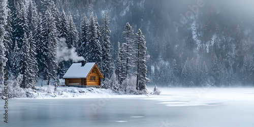 Cozy Wooden Cabin Reflected in a Snowy Mountain Lake photo