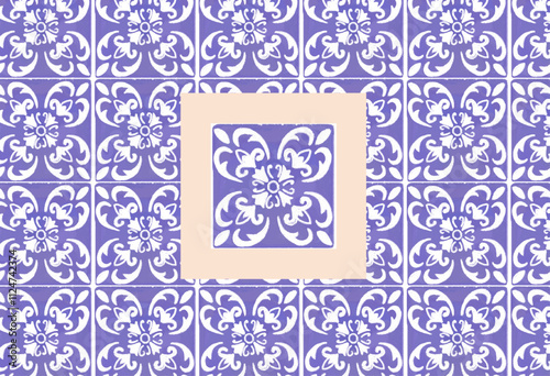 Seamless white violet geometric pattern. Cultural Portuguese and Italian tile square ornament. Swirls hand drawn
