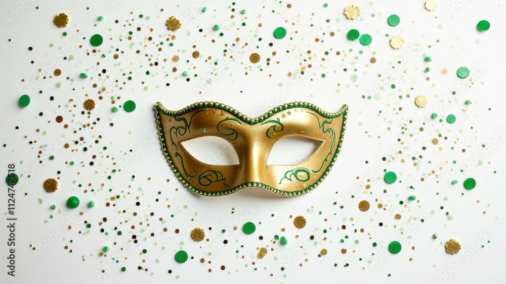 Gold mask surrounded by green and gold confetti on white background Gold mask surrounded by green and gold confetti on white background