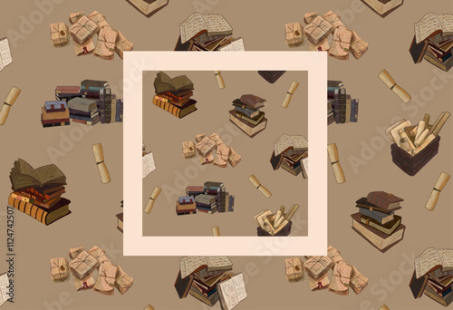 Seamless student science pattern on trendy brown mocha mousse wallpaper background. Educational books, dictionaries, textbooks, scrolls, notes