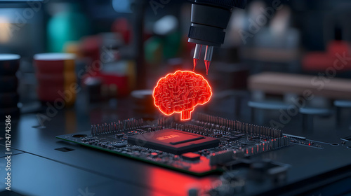 Robotic arm generating glowing digital brain hologram above microchip on circuit board, symbolizing artificial intelligence, machine learning, and futuristic technological advancements photo