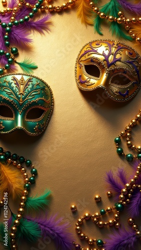 Vibrant mardi gras masks and beads on gold background photo