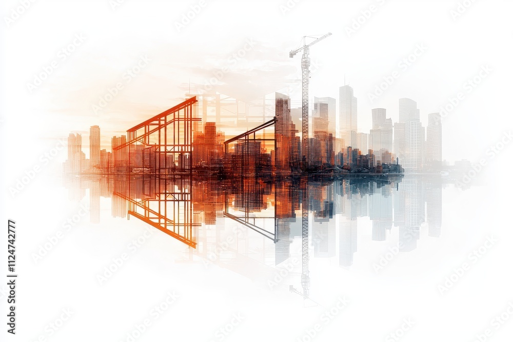 Obraz premium Urban skyline with industrial elements and reflections, bathed in warm sunset hues.