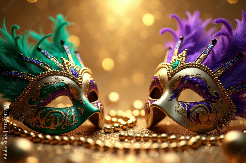 Ornate venetian masks with feathers and gold beads in festive setting Ornate venetian masks with feathers and gold beads in festive setting