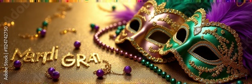 Colorful mardi gras masks and beads on glittering background photo