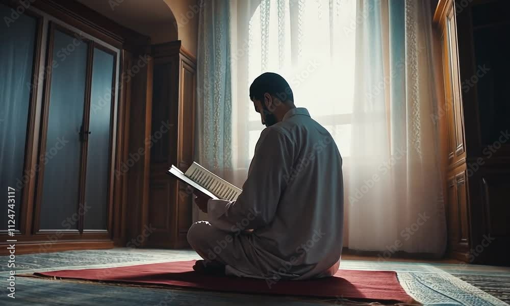 A Muslim man sits on a prayer rug, engrossed in reading the Quran by a window.