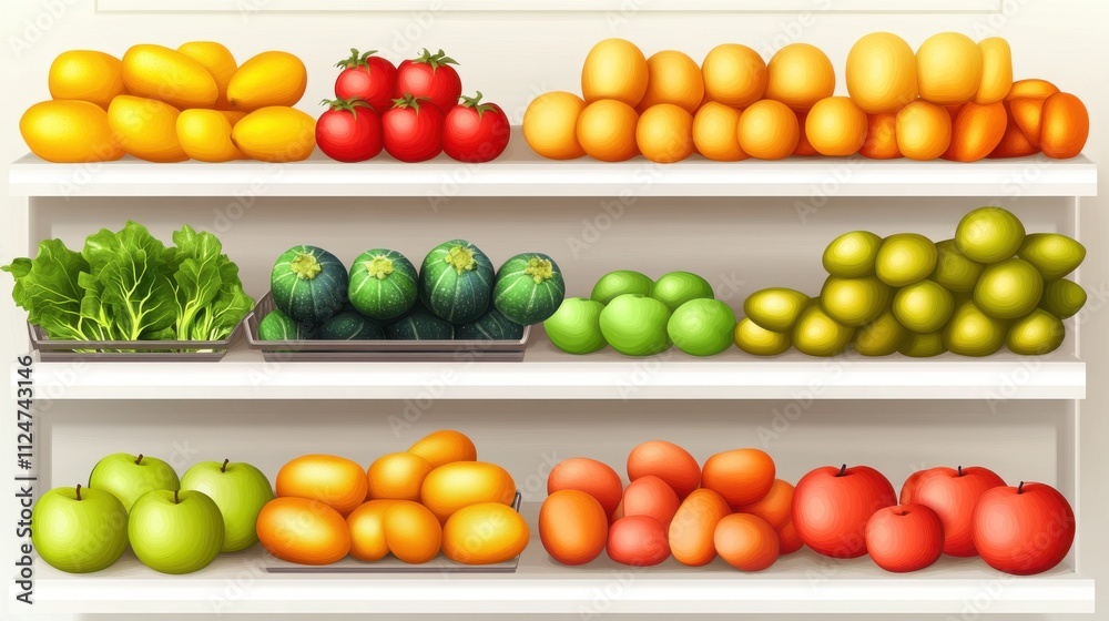 Fresh Fruits and Vegetables Displayed in Grocery Store Fresh Fruits and Vegetables Displayed in Grocery Store