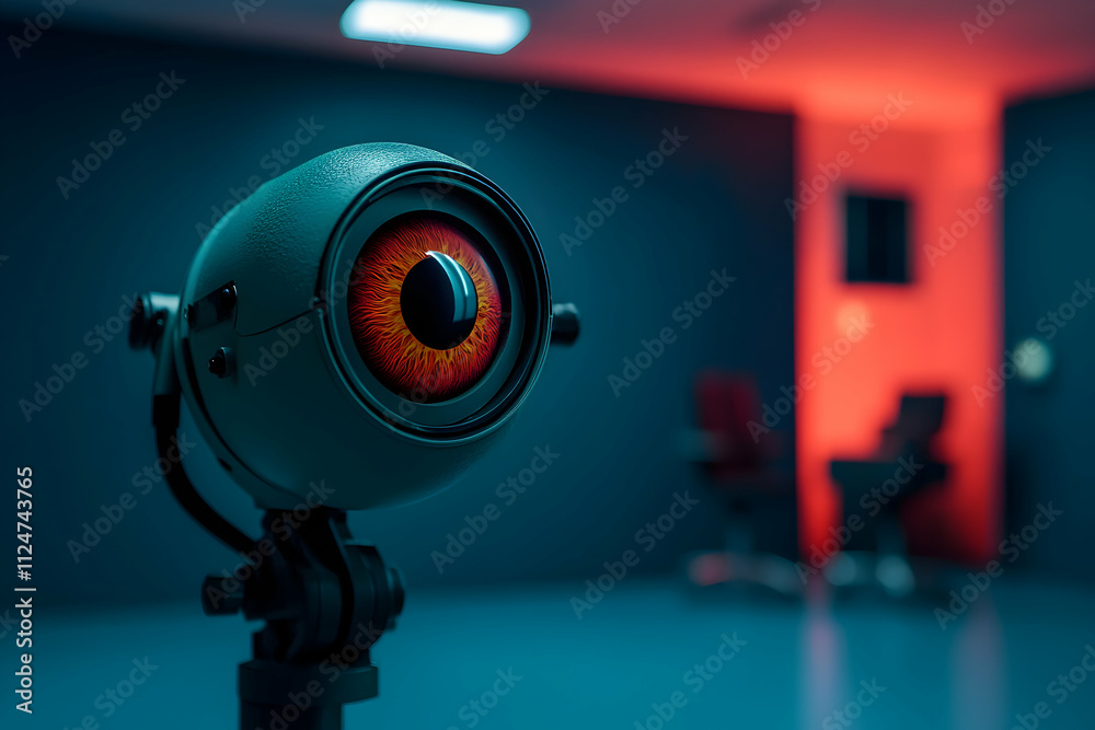 Orange eyed robotic observer on a tripod gazes into an empty interrogation room bathed in eerie red light Orange eyed robotic observer on a tripod gazes into an empty interrogation room bathed in eerie red light