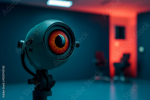 Orange eyed robotic observer on a tripod gazes into an empty interrogation room bathed in eerie red light photo