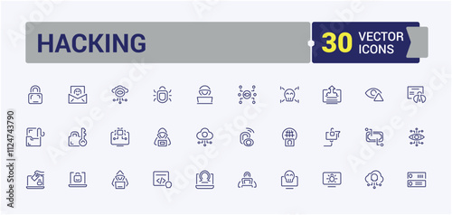 Hacking icon set. It contains symbols to threat, attack, protect, hack, shield, crime, spyware, hacker. Simple web icons. Editable vector stroke.