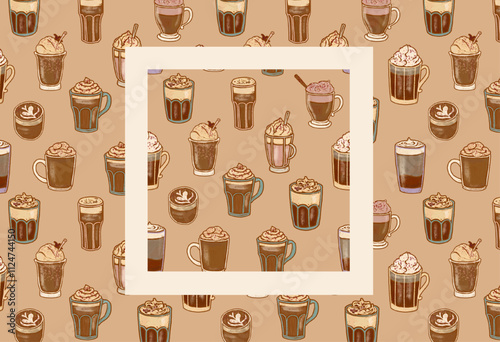 Cozy vintage kitchen drinks pattern for coffee shop, cafe, bakery background in trendy color Mocha Mousse. Beige retro ornament. Latte, cappuccino, macchiato with milk foam in glasses, cups