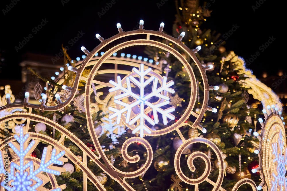 New Year and Christmas decoration of the streets of Moscow. Festive decor. Close-up