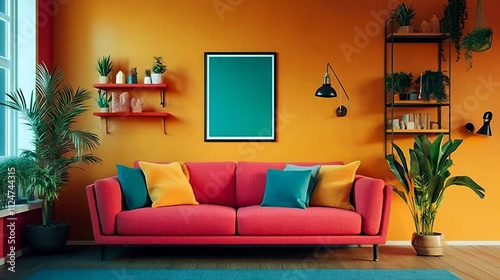 Modern, colorful living room interior with a stylish boucle sofa, a mock-up poster on the wall, shelves, plants, decorative items, and personal belongings. Cozy home decor