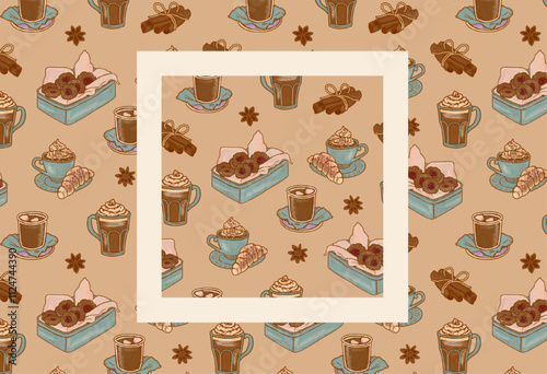 Cozy vintage kitchen food pattern for coffee shop, cafe, bakery, pastry shop packaging background in trendy color Mocha Mousse. Beige retro ornament. Buns, cookies, coffee, croissants.