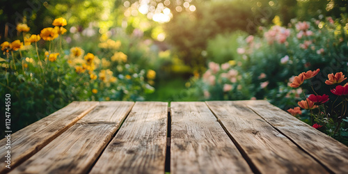 Rustic Wooden Table with Green Garden Background photo