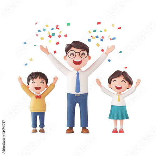 Happy family celebrating with colorful confetti and joyful expressions., isolated on a transparent background.